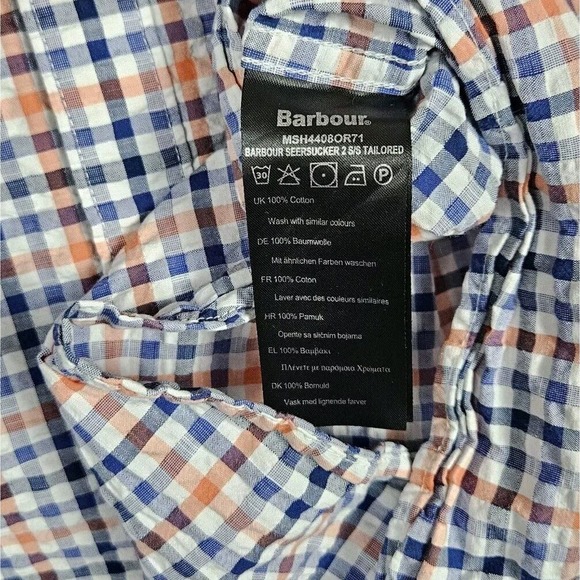 Barbour (Mens XL) Checked Seersucker Tailored Fit Short Sleeve Button Up Shirt - Picture 4 of 7